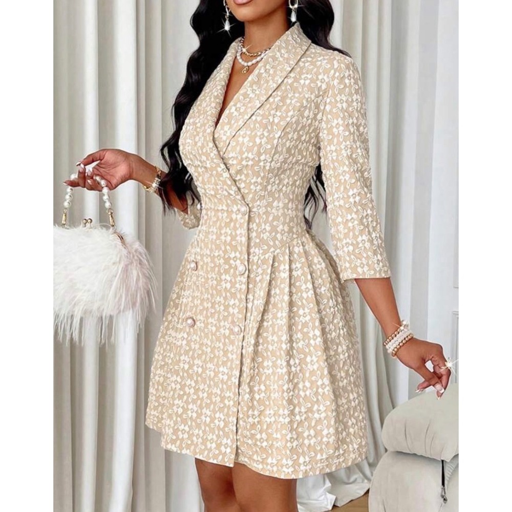 Floral Jacquard Double Breasted Blazer Dress Cream Pearl Buttons Size Large
